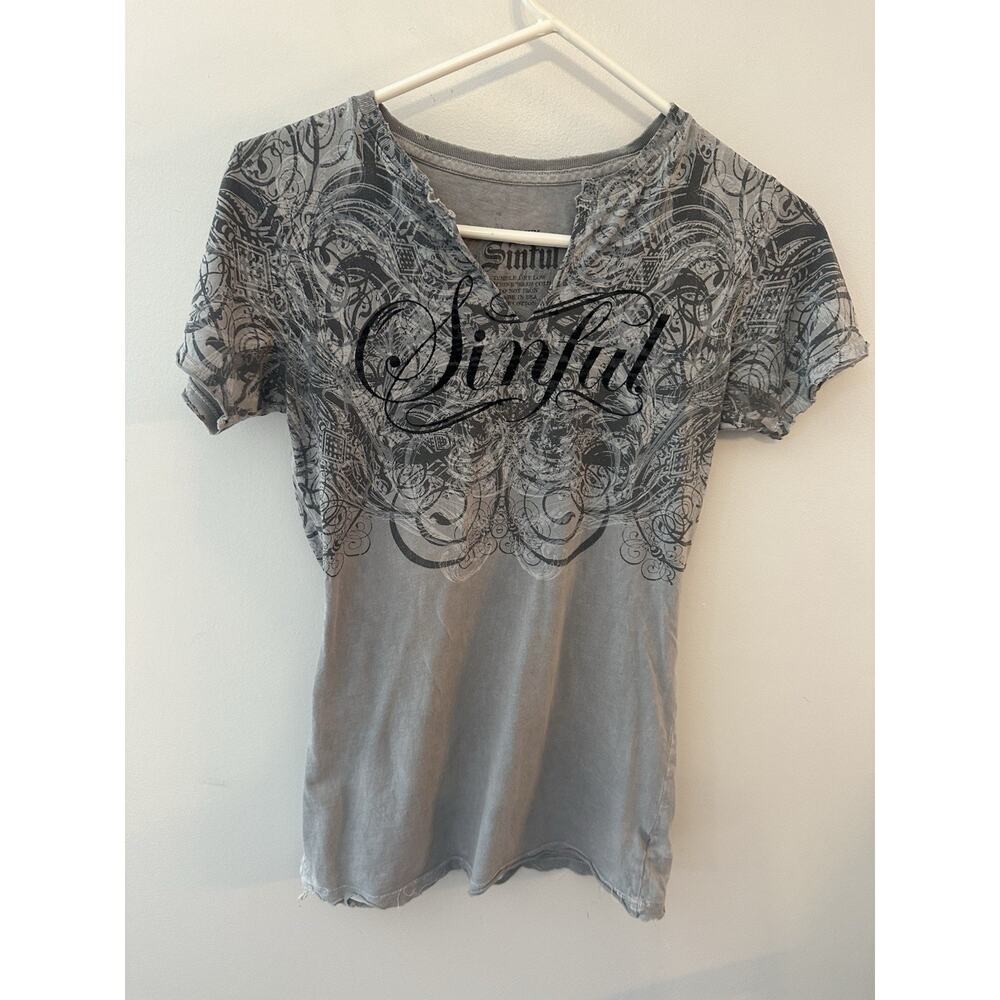 Sinful Affliction T-shirt Womens Medium Gray Distressed Holes Grunge Biker Y2K